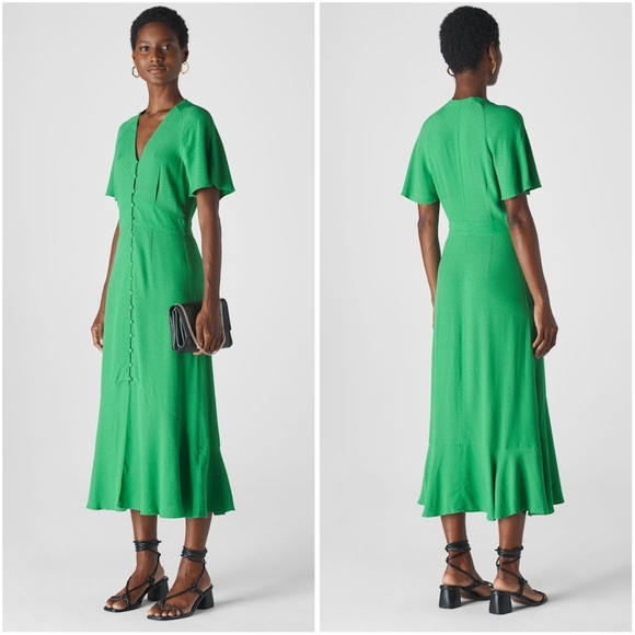 Whistles Green Micro Spot Button Midi Dress 10 - Picture 1 of 10